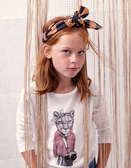 Cremeweißes Mädchenshirt mit Löwin und Schleife