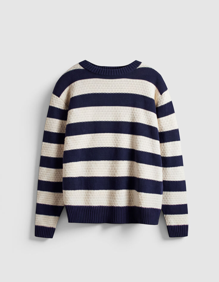 Pull col rond marine tricot motif rayures &eacute;crues Homme-6