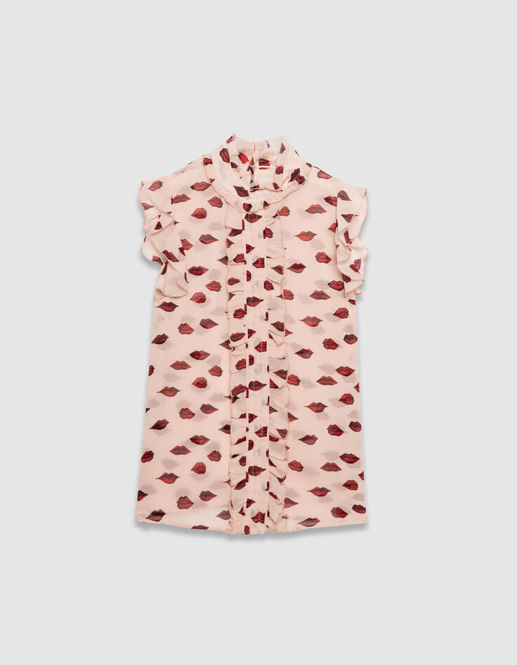 Ärmelloses Damen-Voiletop in rosa, bunter Mundprint-5