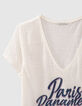 Tee-shirt col V en lin blanc cassé message flocage velours femme-3