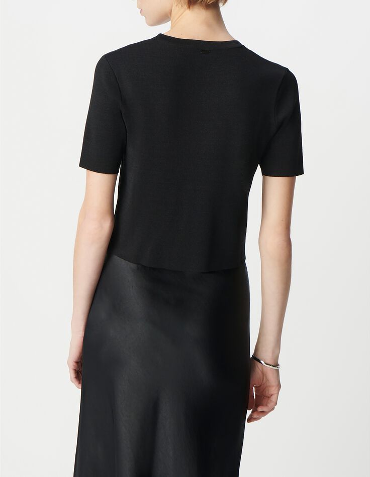 Pull manche courte noir tricot asym&eacute;trique d&eacute;cor boutons Femme-3