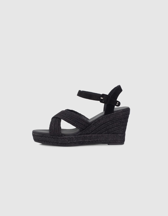 Women’s black raffia platform sandals with ankle buckle