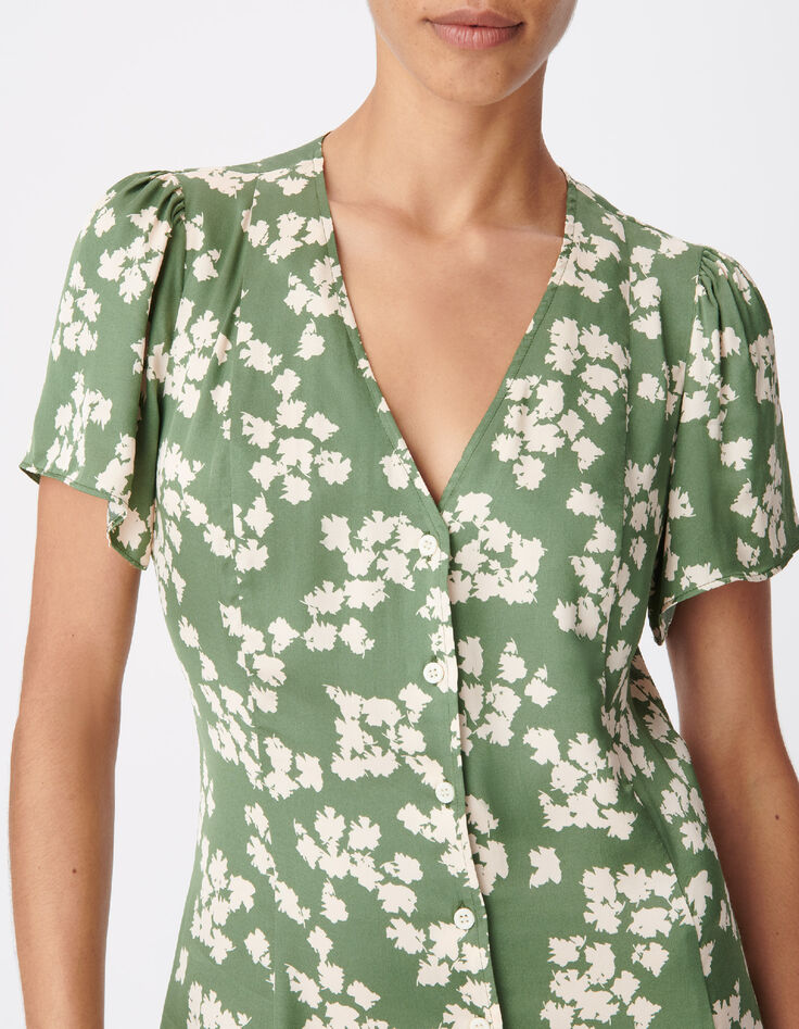 Robe courte vert satin&eacute; imprim&eacute; feuilles Femme-4