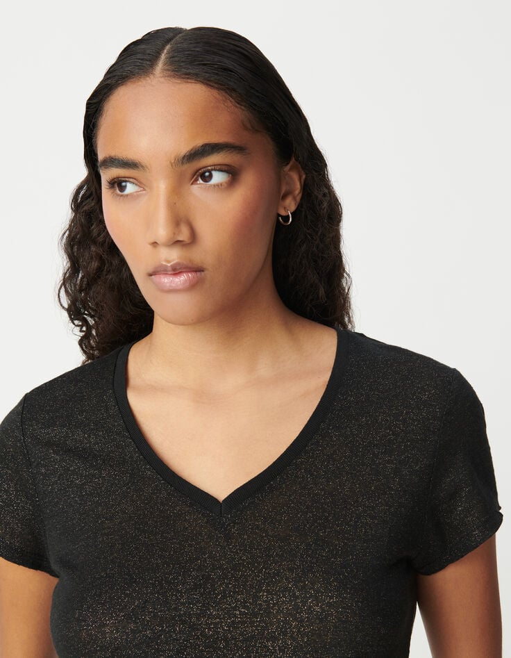 Tee-shirt col V noir en lin foil femme-4