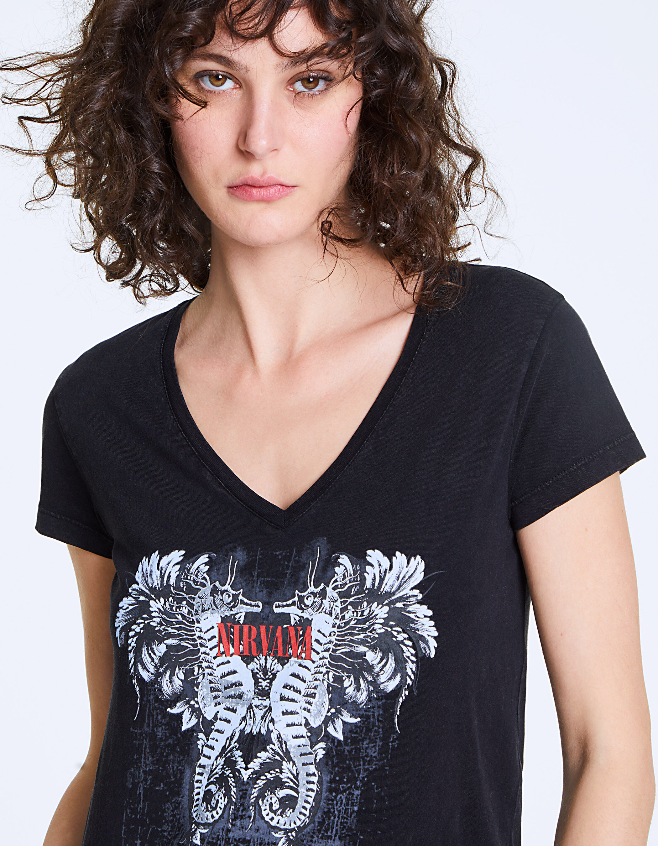 acid wash cotton Nirvana V-neck T-shirt