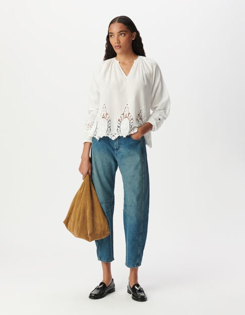 Blusa blanca holgada con bordado de encaje Mujer - IKKS