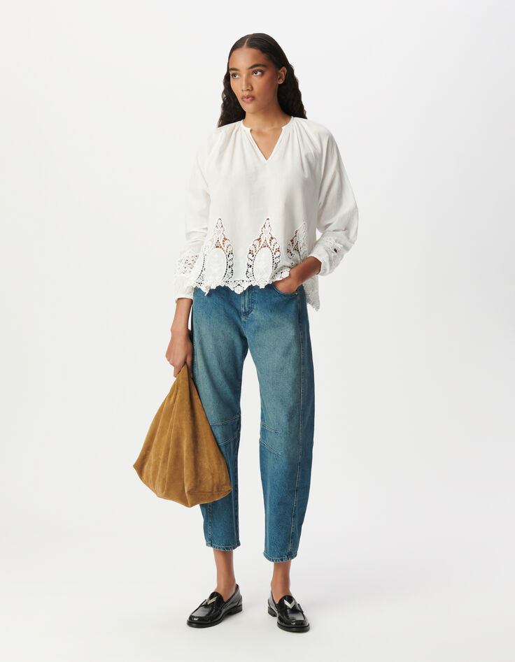 Locker sitzende weiße Bluse mit Spitzenstickerei Damen-1