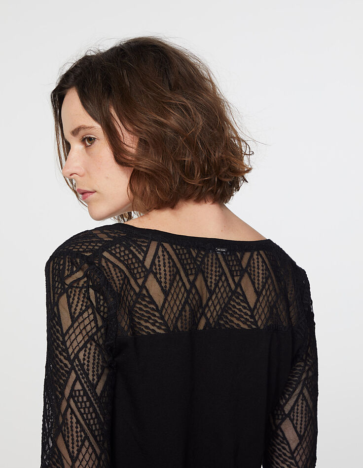 Tee-shirt noir bi-matière en viscose apport laine femme-5