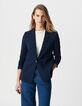 Mujer chaqueta de traje azul marino con manga 3/4 fruncida-3
