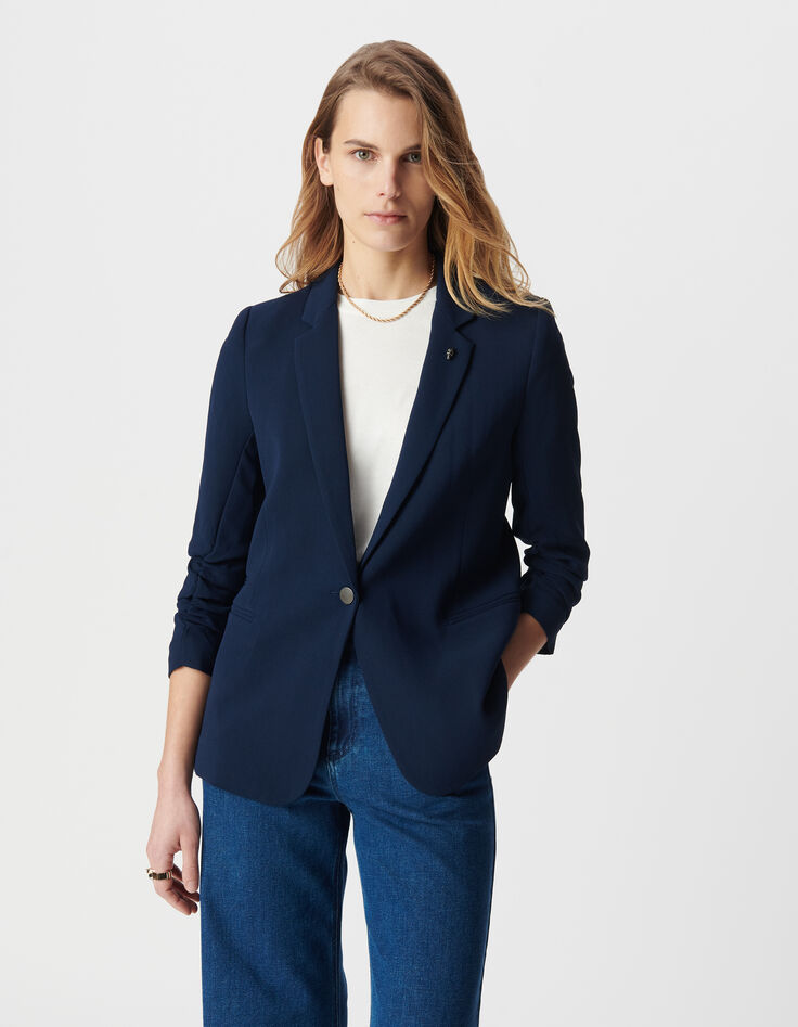 Mujer chaqueta de traje azul marino con manga 3/4 fruncida-3