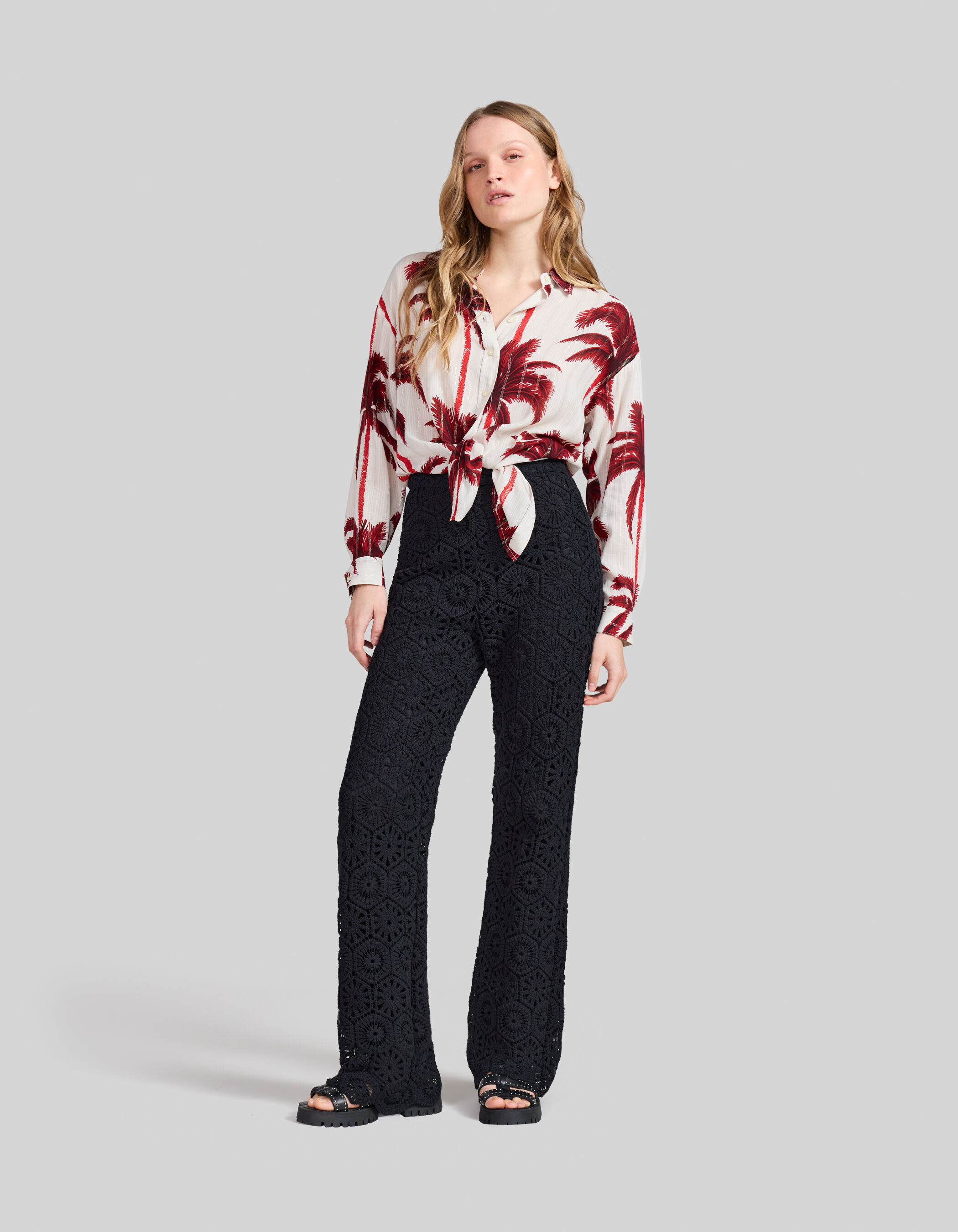 Pantalon ancho negro de ganchillo mujer IKKS