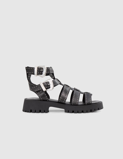 Women’s black leather chunky sandals, studded multi straps - IKKS