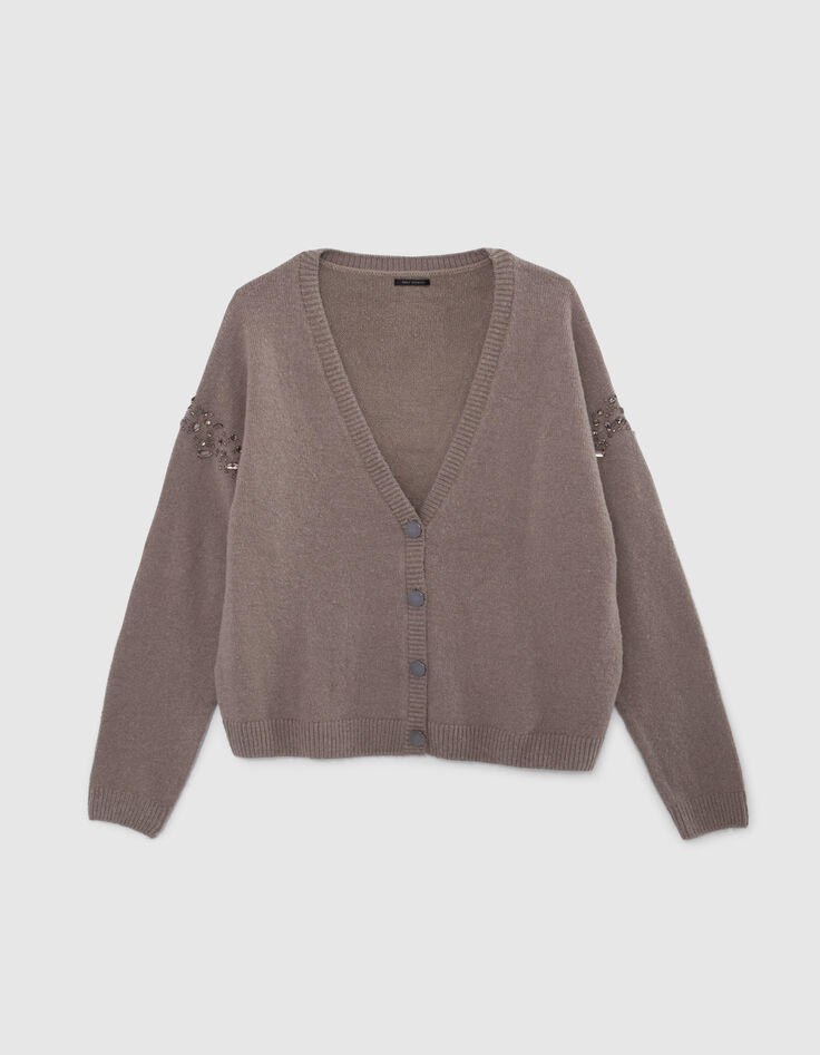 Cardigan beige tricot décor strass emmanchures Femme-4