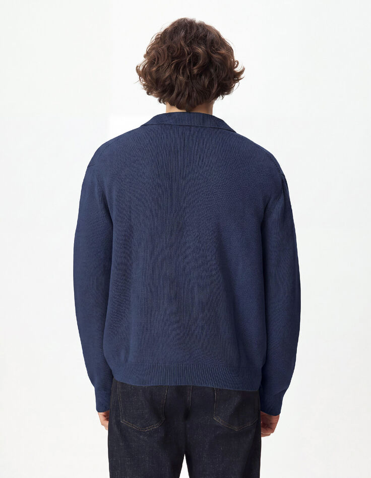 Pull marine tricot col polo boutonn&eacute; Homme-4