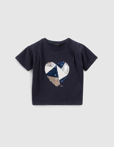 Indigoblaues Mädchen-T-Shirt mit Herz aus Wendepailletten - IKKS
