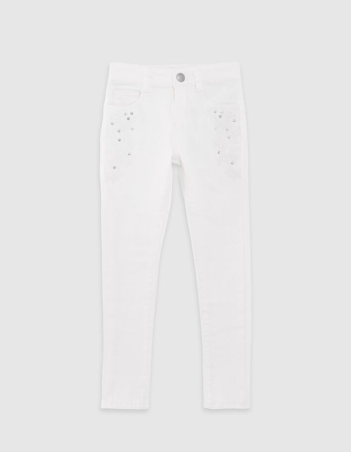 Girls' ecru skinny jeans with embroidery and studs - IKKS