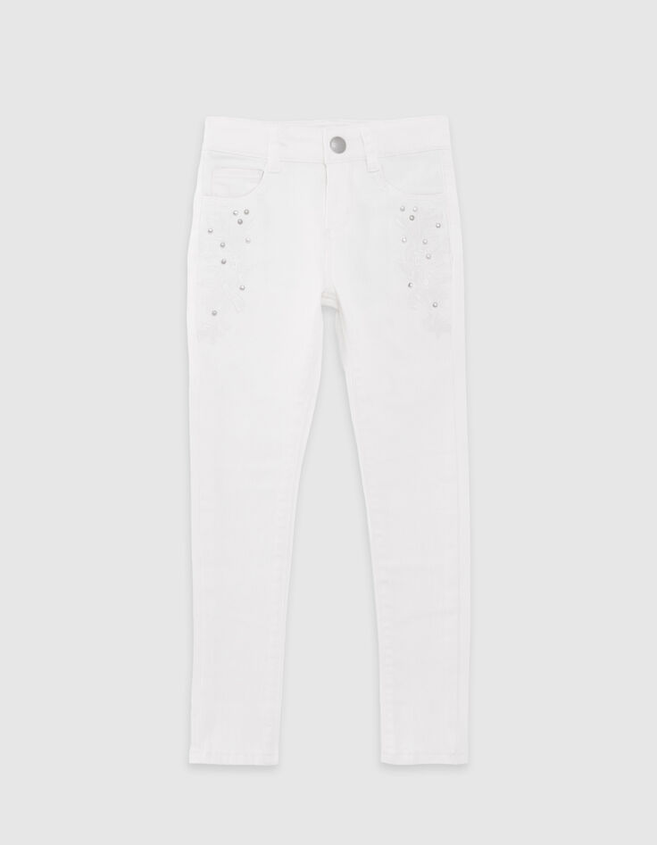 Jean SKINNY écru avec broderies et clous fille-1