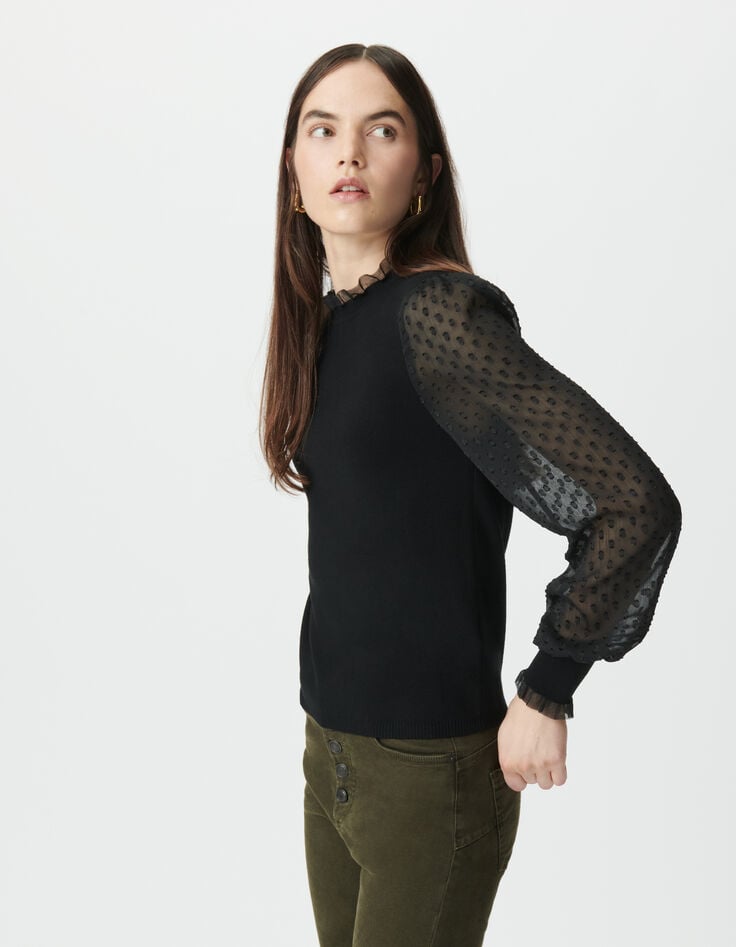 Jersey negro bimaterial punto mangas gasa plumetis mujer-2 Jersey negro bimaterial punto mangas gasa plumetis mujer-2