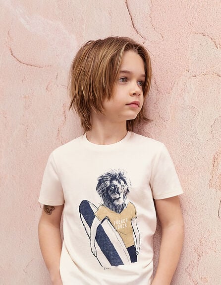 Cremeweißes Jungen-T-Shirt mit Löwen-Surfer 