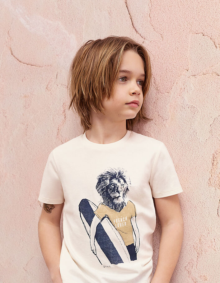 Cremeweißes Jungen-T-Shirt mit Löwen-Surfer  - IKKS