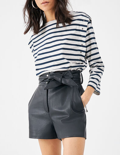 Women’s ecru sailor-stripe T-shirt with studded armholes - IKKS