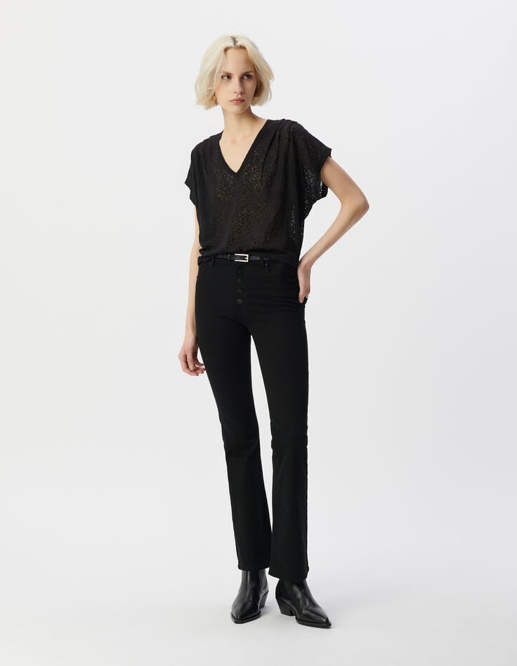 Schwarzes Damen-T-Shirt, V-Schnitt, transparentes Leomotiv-1 Schwarzes Damen-T-Shirt, V-Schnitt, transparentes Leomotiv-1