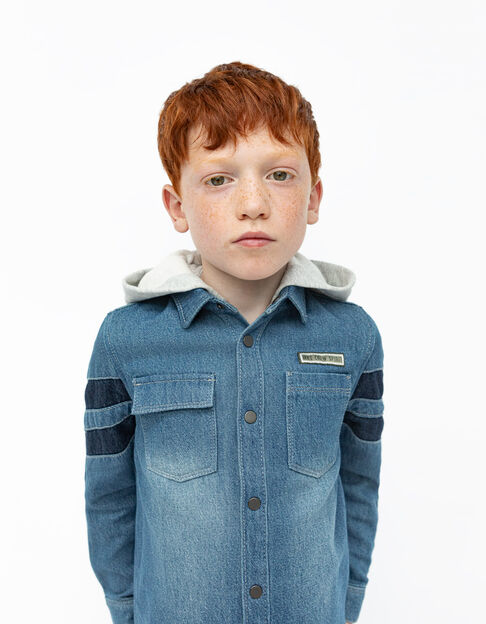 Boys’ blue organic denim shirt with detachable hood