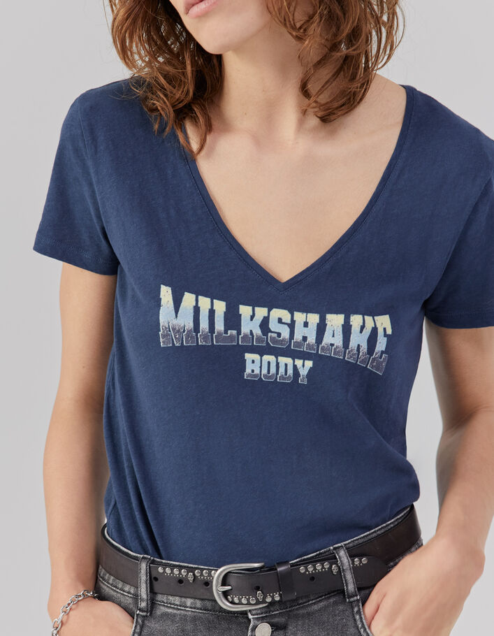 Women's navy deep dye slogan image T-shirt - IKKS