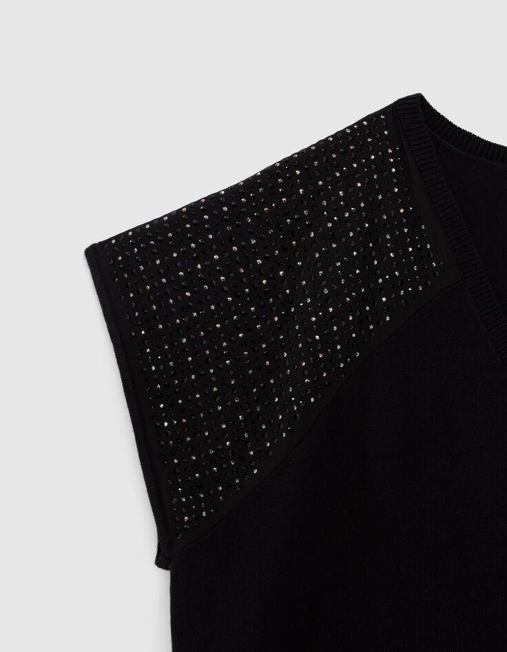 Schwarzer Damen-Strickpullover kurze &Auml;rmel und Strass-7