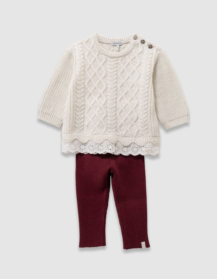 Set gebreide ecru trui en bordeaux legging babymeisjes-4