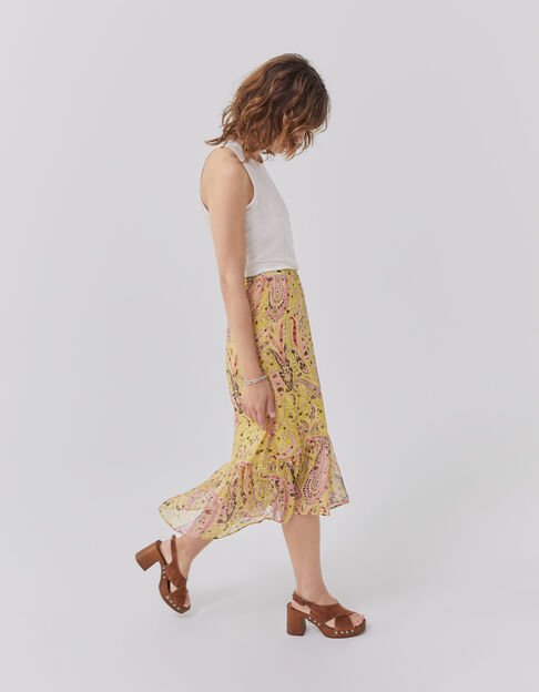 Women’s yellow paisley summer asymmetric midi skirt