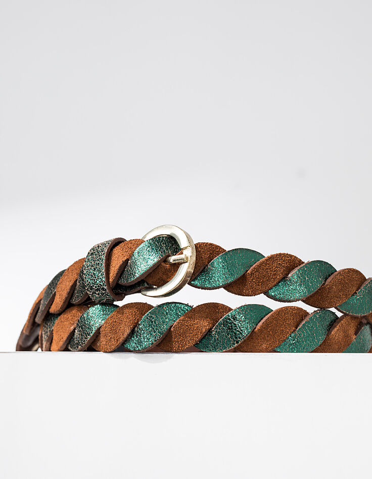 Cognackleurige en metallic groene gevlochten riem I.Code-3 Cognackleurige en metallic groene gevlochten riem I.Code-3