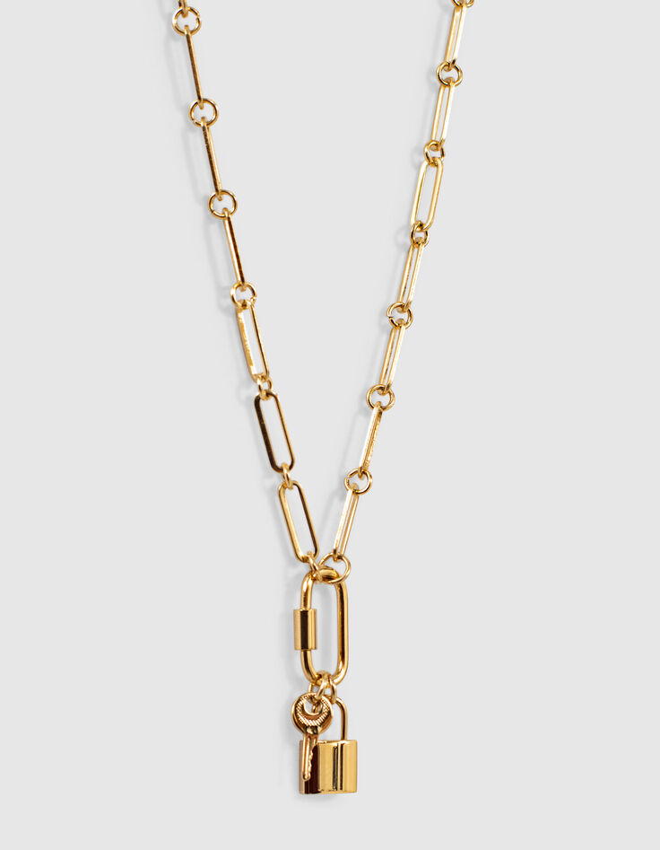 Collier grosse maille doré mousqueton et charms femme-4