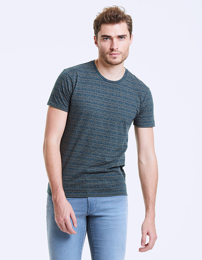 Men's blue green minimalist Jacquard T-shirt - IKKS