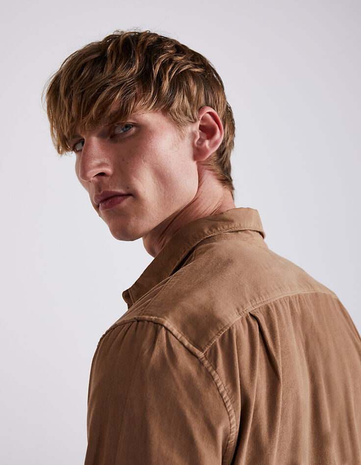 Chemise SLIM beige foncé velours milleraies Homme-3