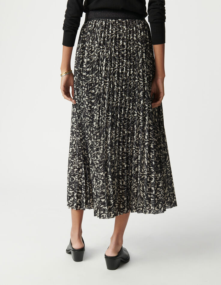 Jupe longue pliss&eacute;e noire imprim&eacute; minimal flower Femme-3