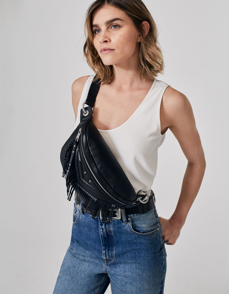 Women’s black leather fringed 1440 Belt Pocket bag-1