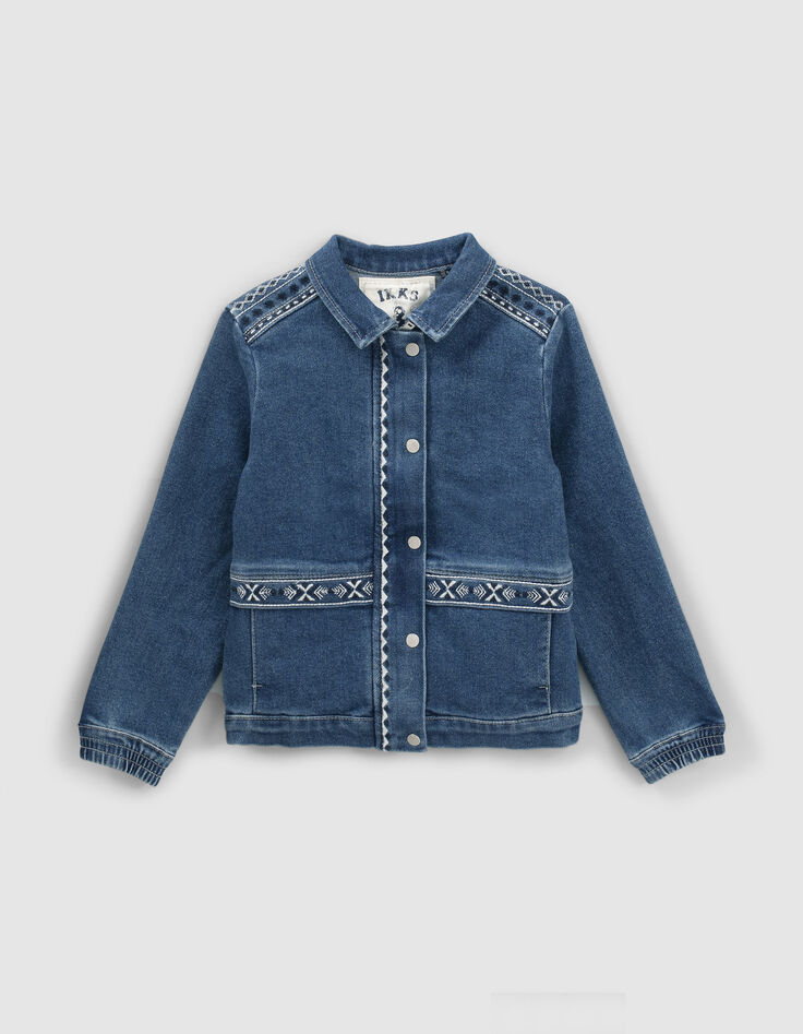 Blaue Mädchenjeansjacke mit Stickereien-1