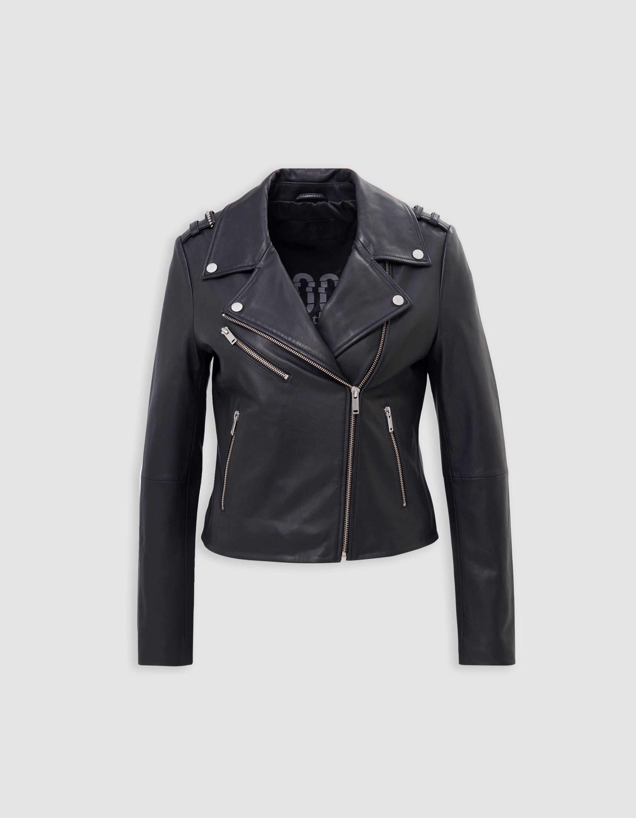Veste cuir noir esprit motard broderie perle eclair Femme IKKS