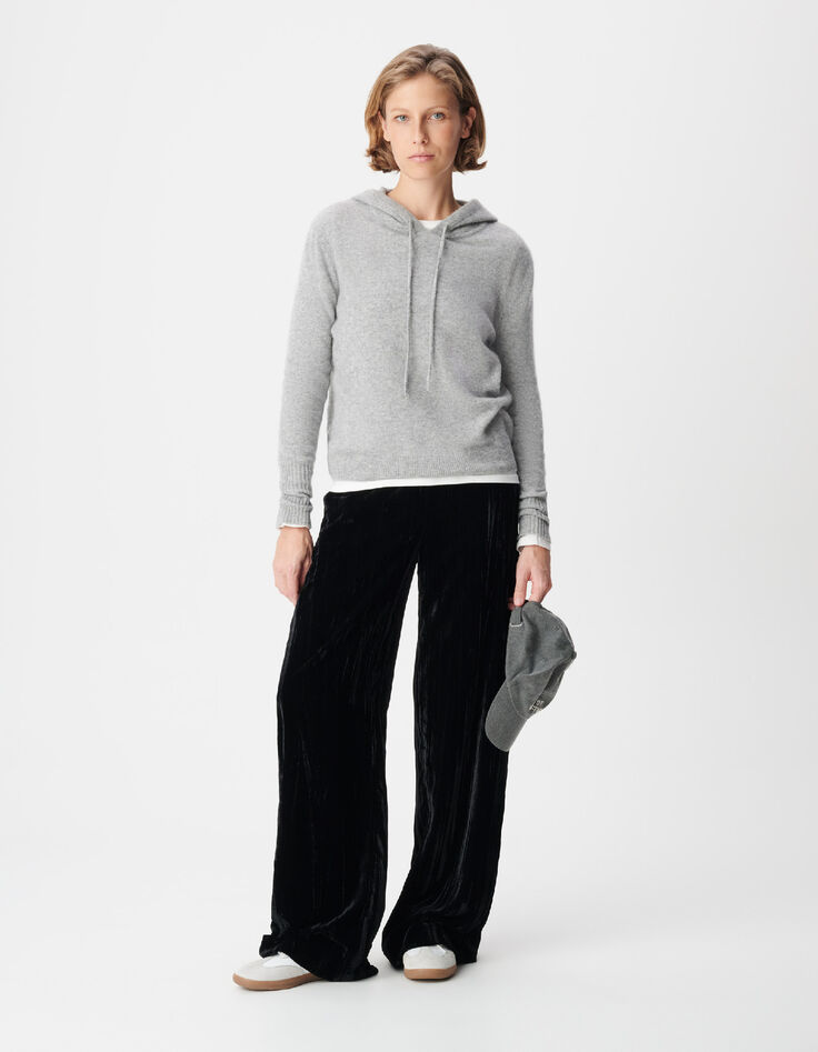Pull &agrave; capuche gris tricot 100% cachemire Femme-1