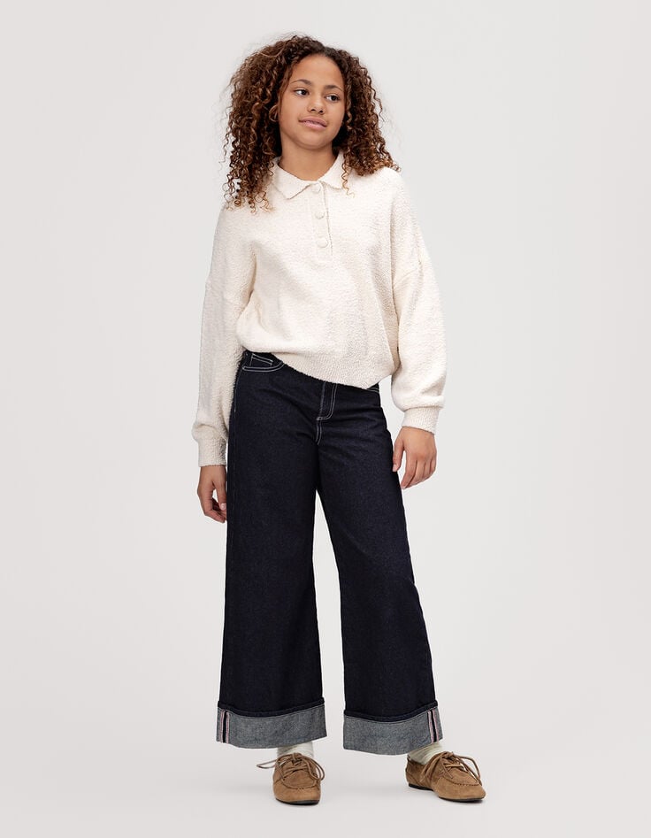 Beiger Mädchenpullover aus Frottee mit Knopfleiste-1