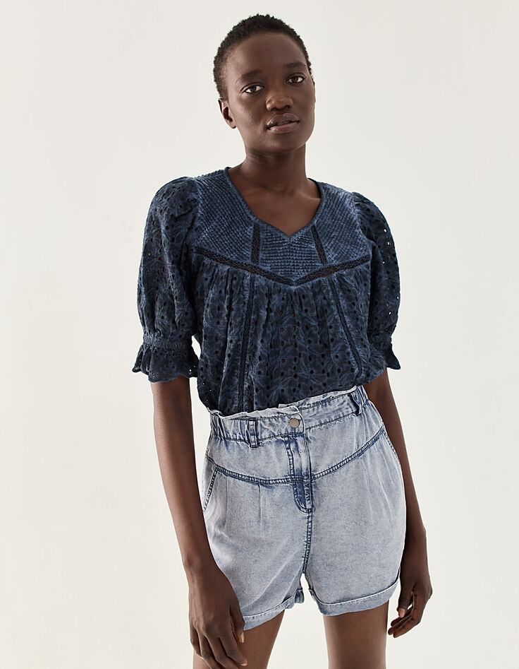 Short taille haute en tencel bleu traitement acid wash femme-2
