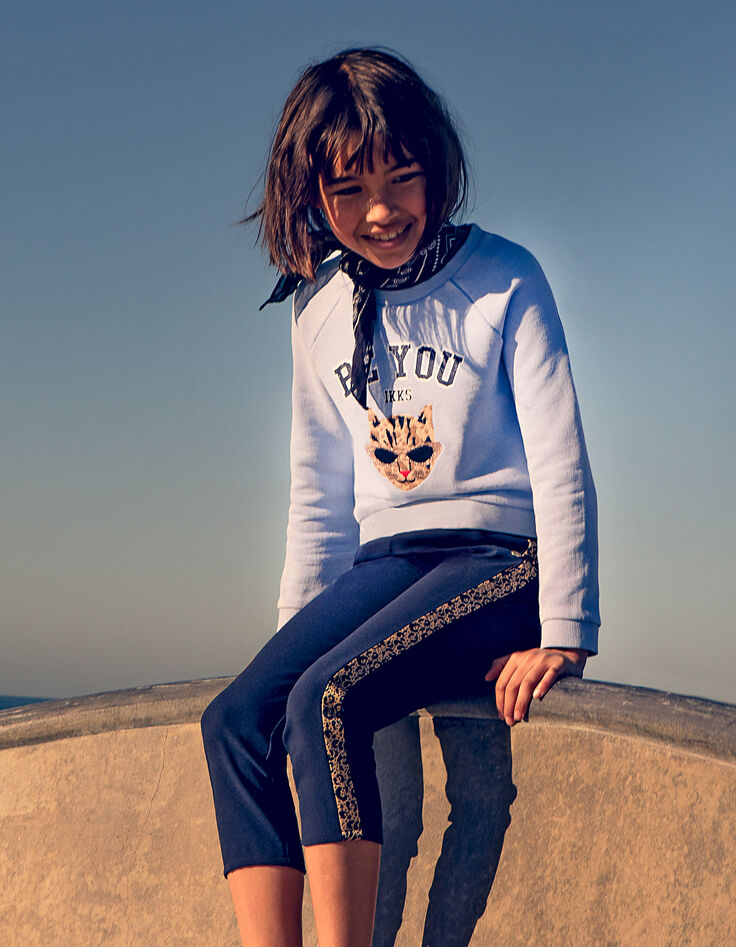 Himmelblauer Mädchensweater, Leopard mit Brille-5
