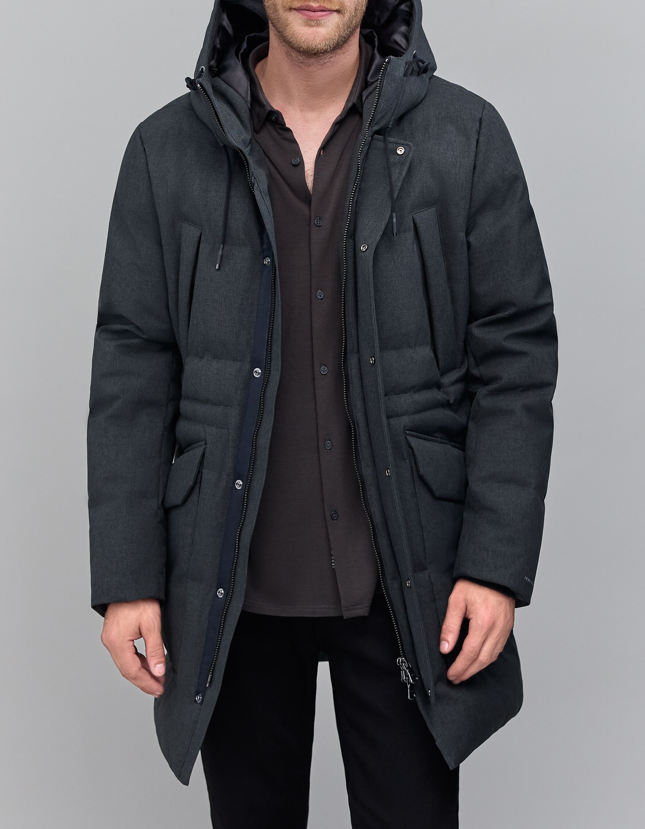 Y’s polyester drape over hood long coat LINEN/WOOL RAISED HERRINGBONE LONG COAT WITH HOODIE – THE