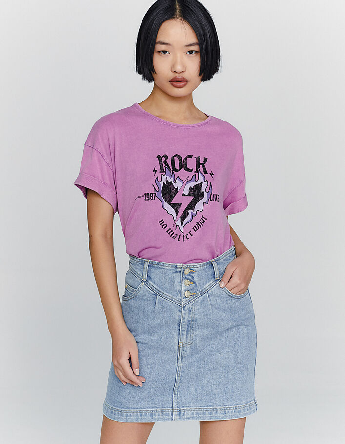 Tee-shirt en coton rose délavé visuel message rock - IKKS
