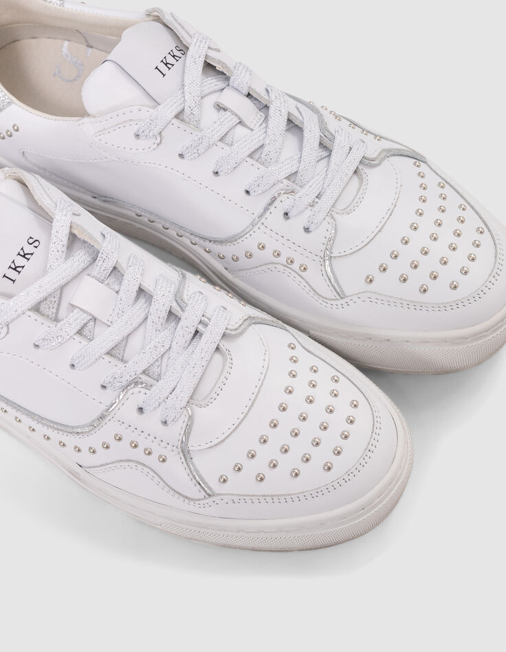 Baskets blanches cuir décor clous lacets silver Femme-4