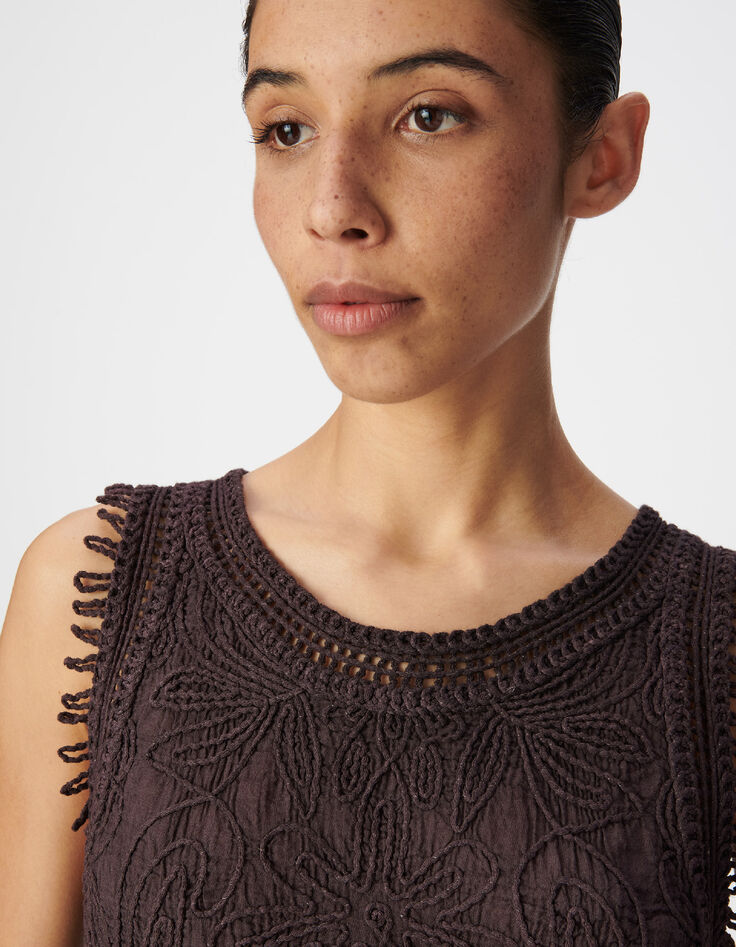 Top sans manches bordeaux motifs brod&eacute;s crochet Femme-4