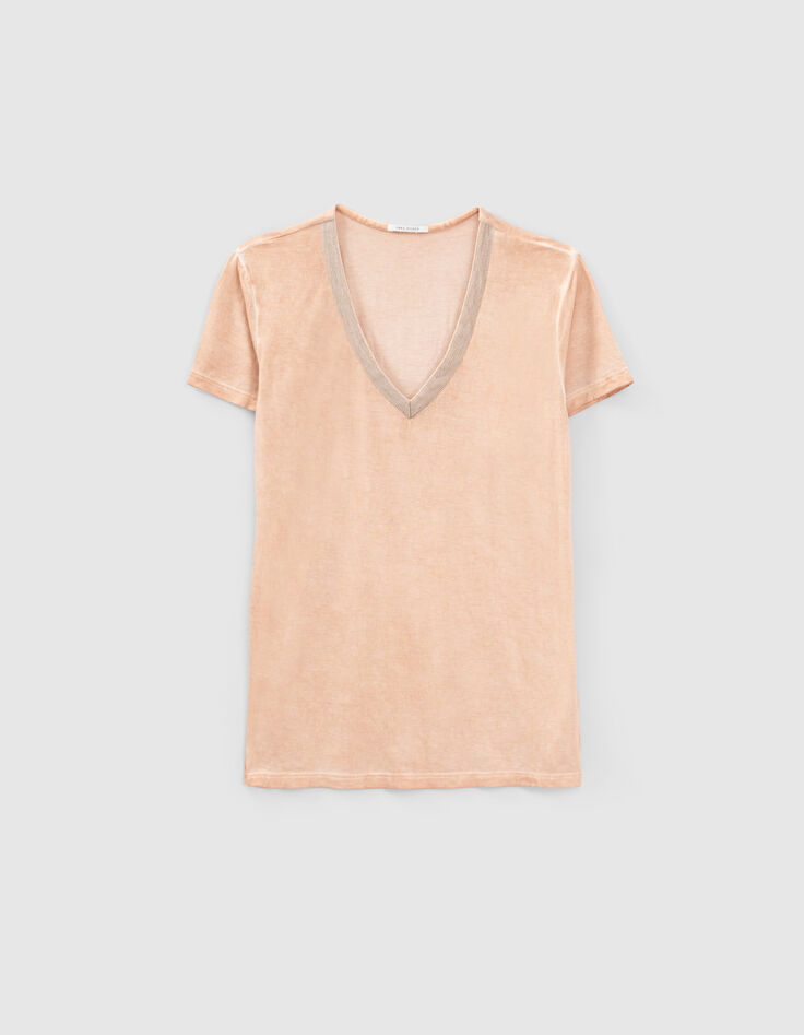 Beige top in twee materialen gestreepte ribboorden Dames-1 Beige top in twee materialen gestreepte ribboorden Dames-1
