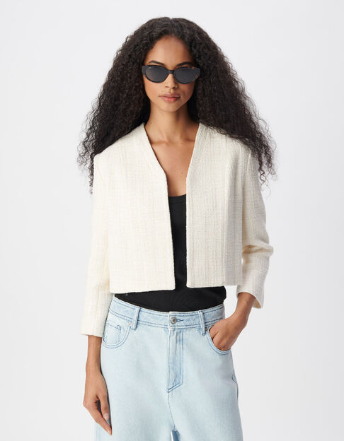 Veste bol&eacute;ro blanche effet tweed manches 7/8e Femme - IKKS