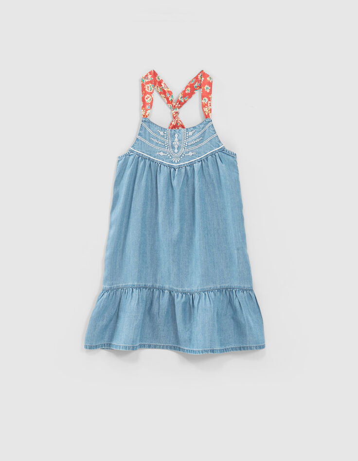 Girls’ light blue Tencel® embroidered dress+printed straps-2